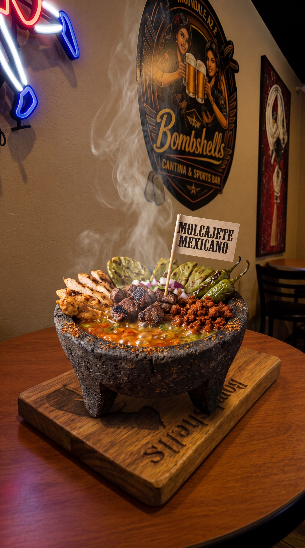 Molcajete Mexicano picture — sizzling stone bowl with carne asada and chorizo in Avondale, Arizona