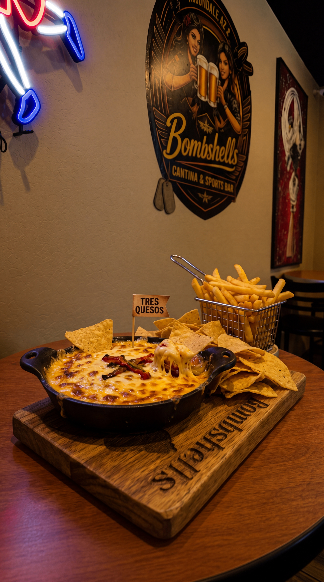 Tres Quesos Dip picture — three-cheese queso dip with chips at Bombshells Avondale, Arizona