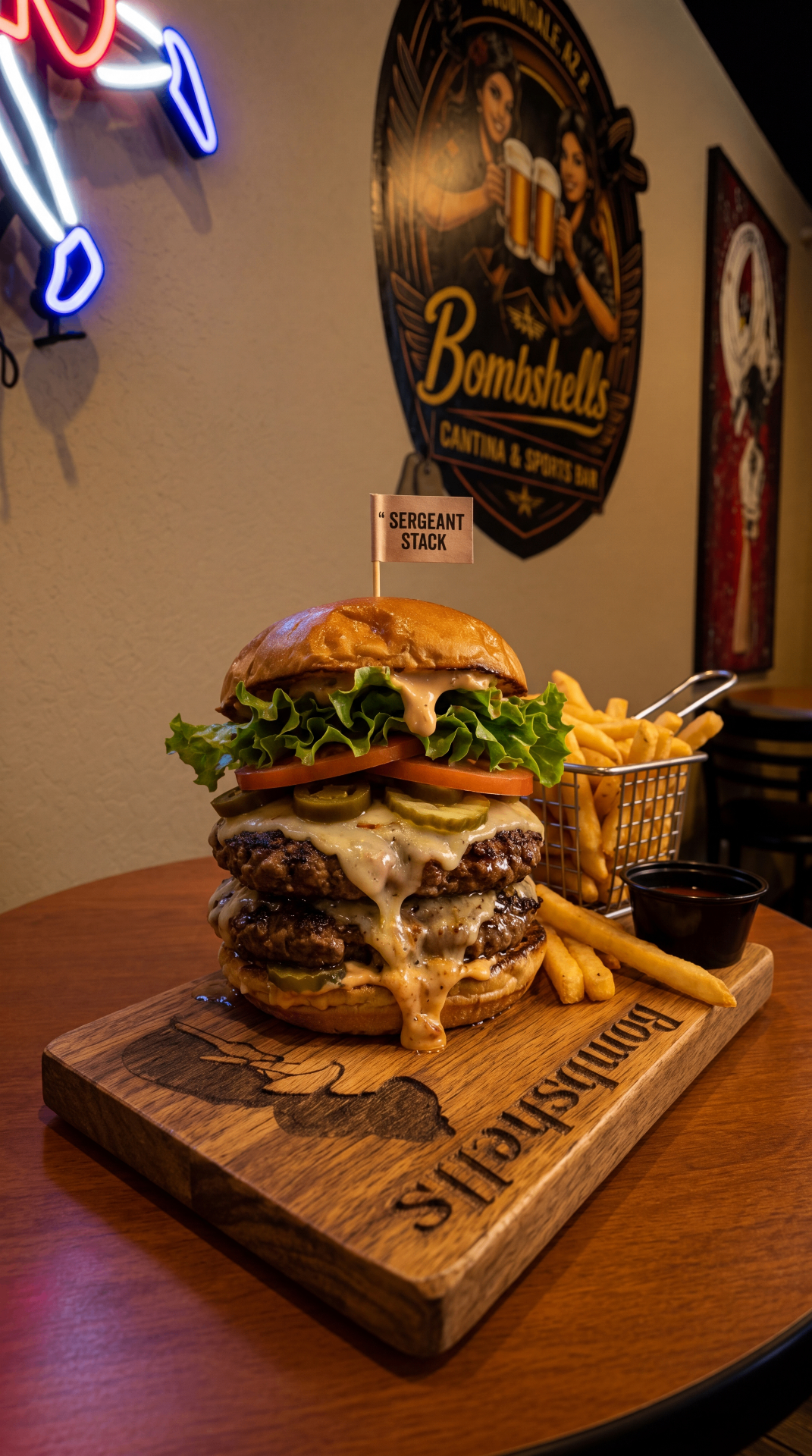 The Sergeant Stack — burgers near me in Avondale, AZ at Bombshells Cantina & Sports Bar bar and grill