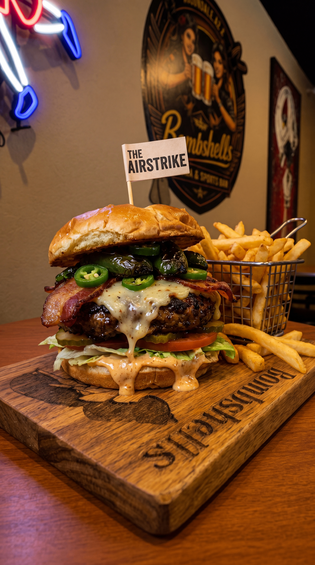 The Airstrike Burger — burgers near me in Avondale, AZ at Bombshells Cantina & Sports Bar bar and grill