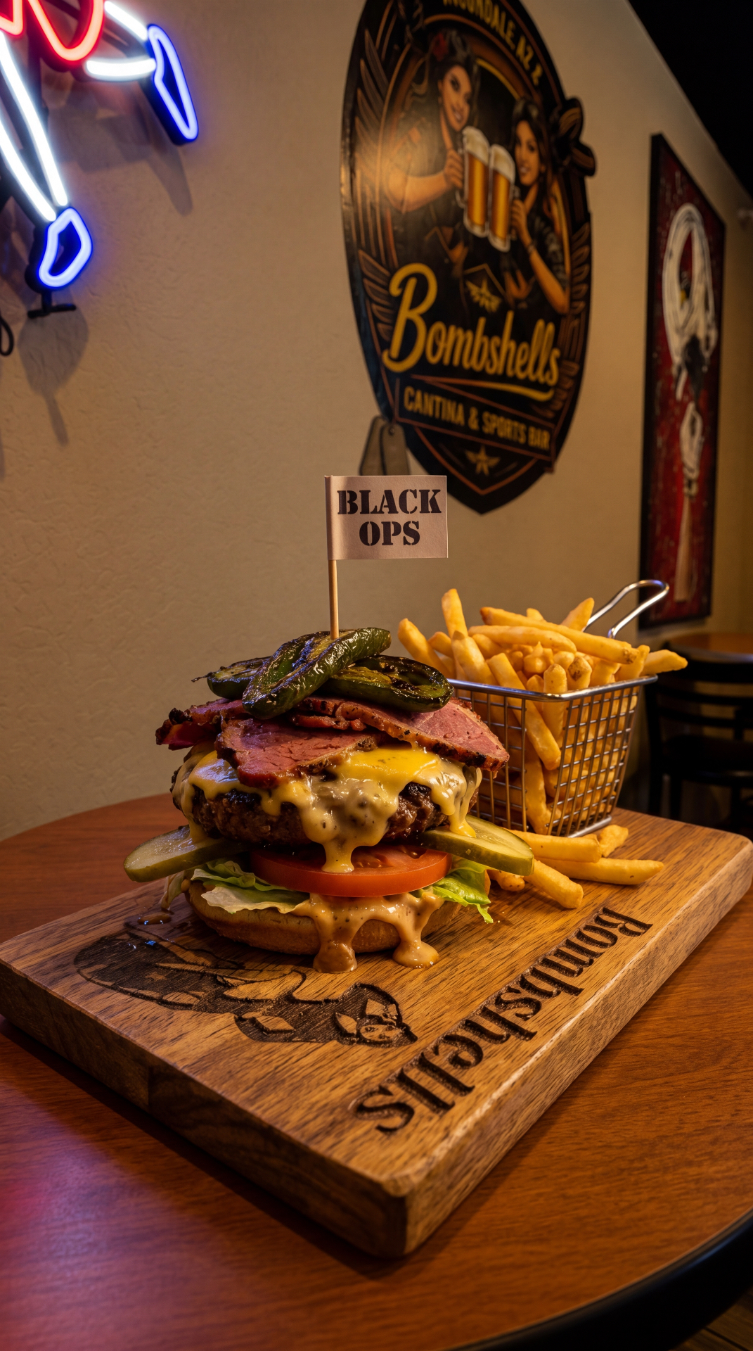 The Black Ops Burger — burgers near me in Avondale, AZ at Bombshells Cantina & Sports Bar bar and grill