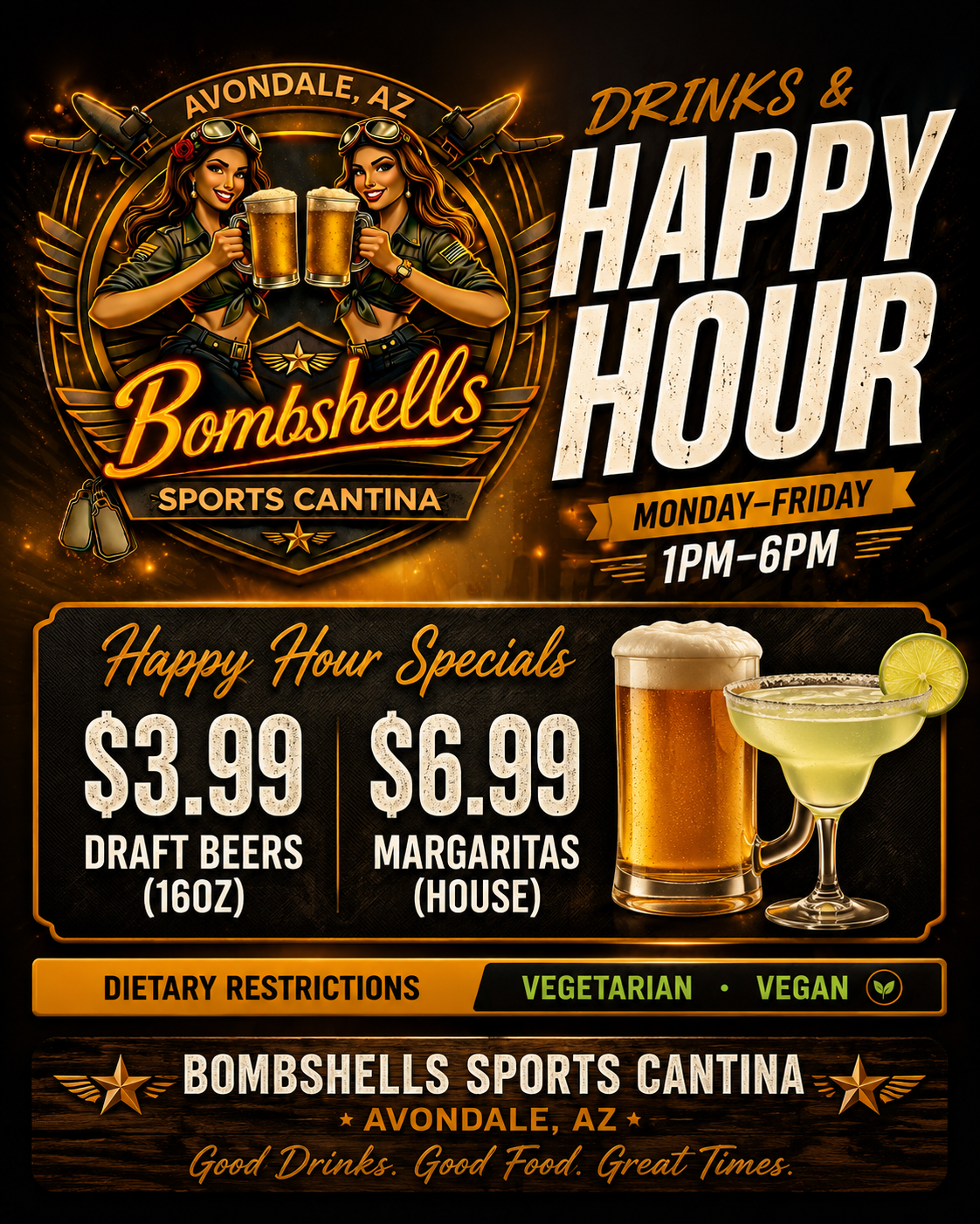 Happy hour drinks at Bombshells Cantina sports bar in Avondale AZ — $3.99 draft beers and $6.99 margaritas Mon-Fri 1-6pm