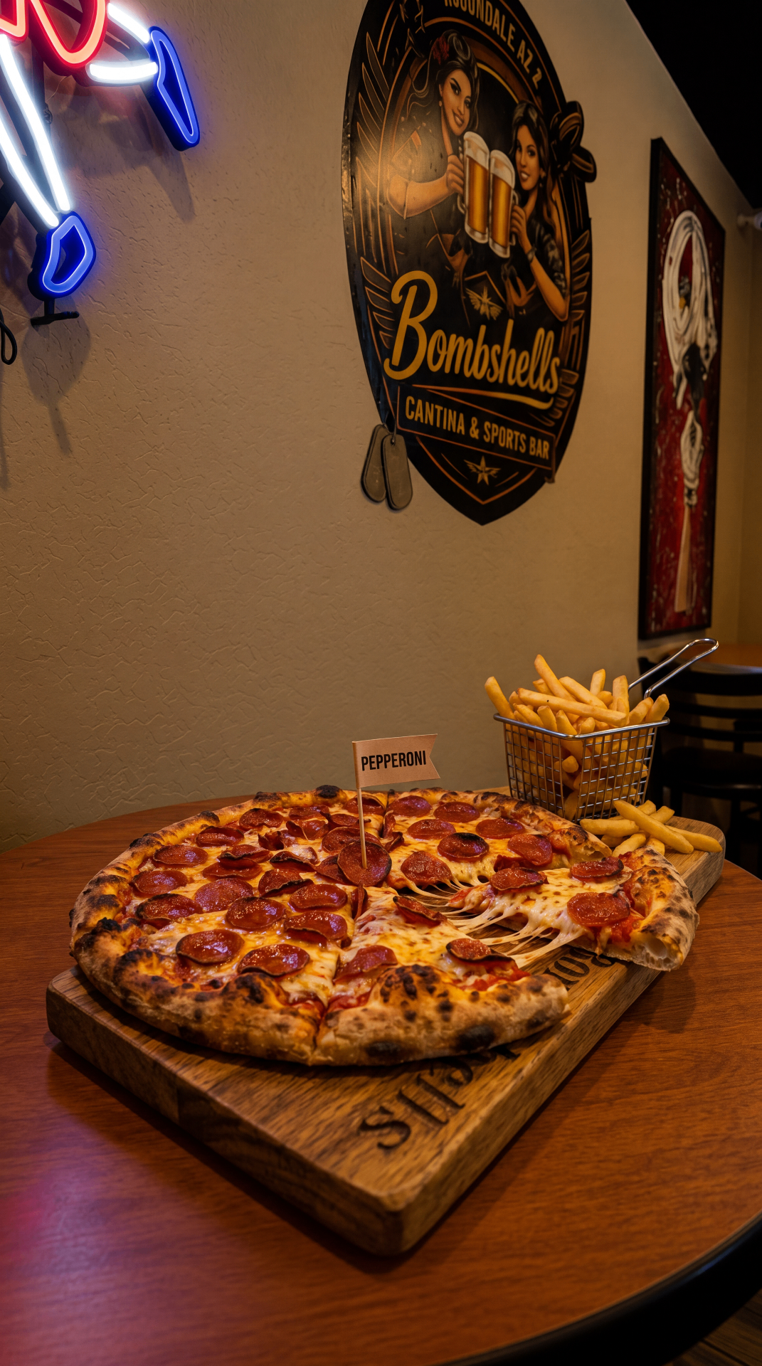 Pepperoni pizza picture — 14-inch pepperoni pizza at Bombshells Avondale, Arizona